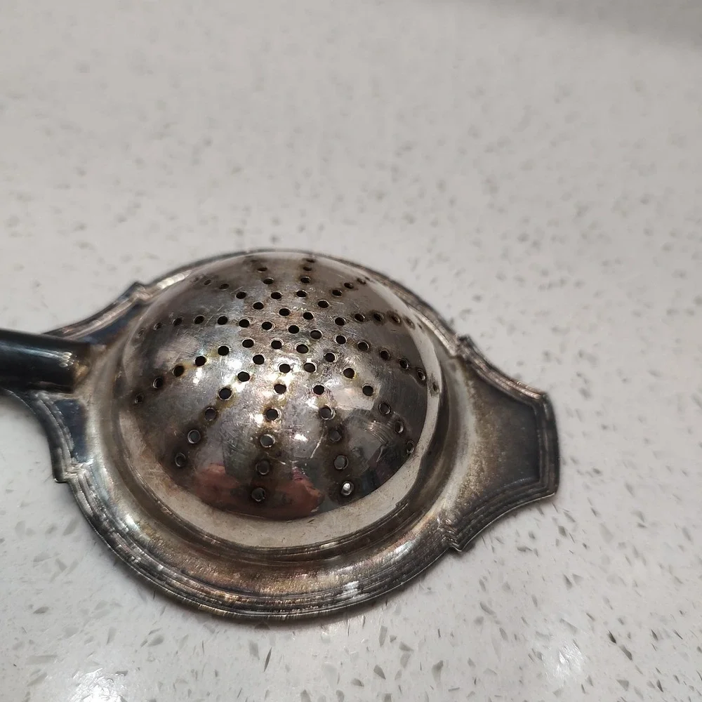Silver Plated Tea Strainer Spoon Wooden Handle Ornate Mid Century Cottage Core